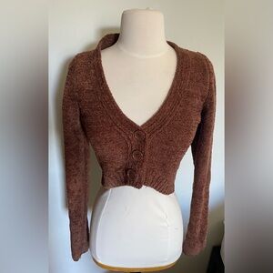 Urban Outfitters Chenille Brown V-Neck Button-Up Women's Sweater